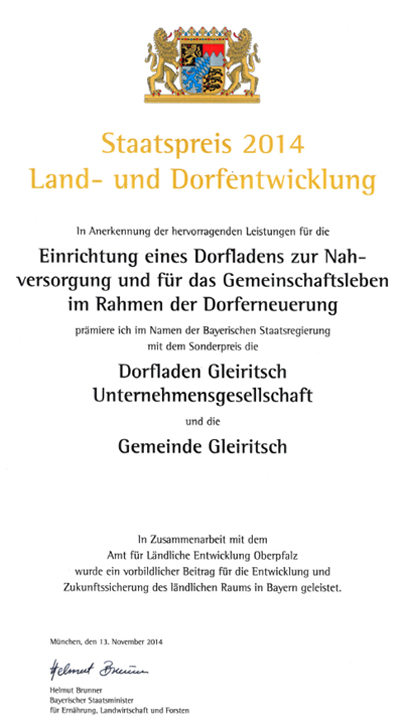 Dorfladen Gleiritsch_Urkunde Staatspreis